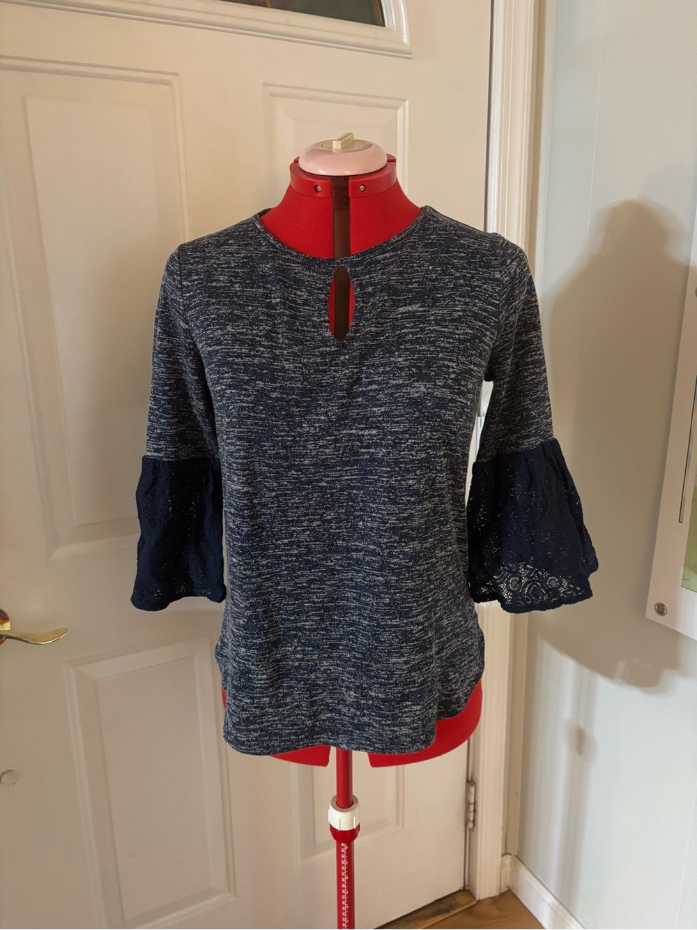 Van Heusen Navy Marled Knit Top with Lace Bell Sleeves